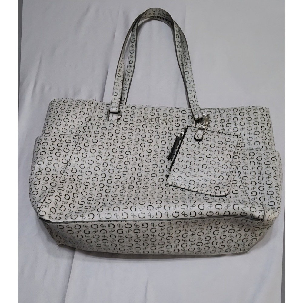 Guess Monogram Tote Bag White Black G Logo Print Handbag with Pouch Accessory